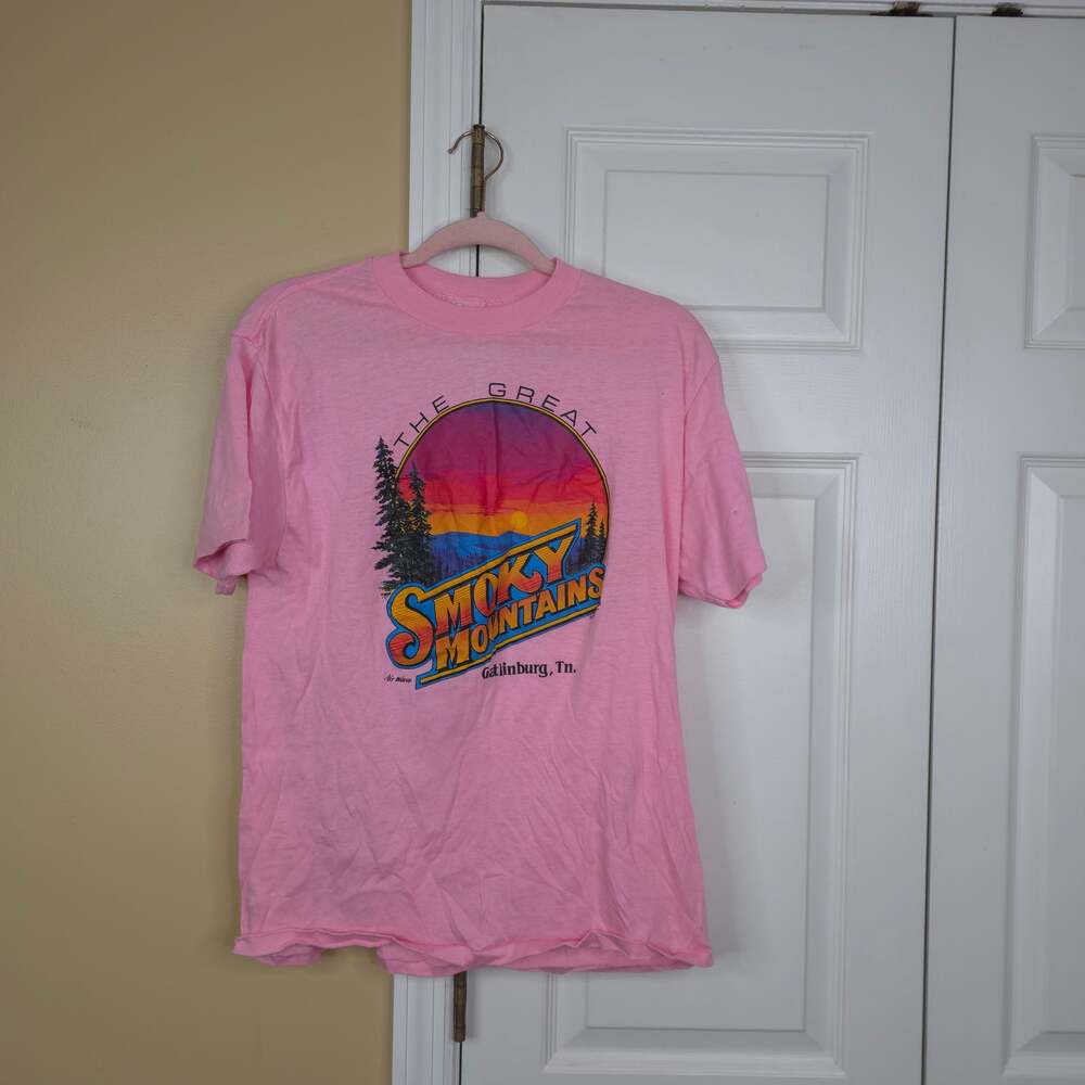 Vintage 80s Royal First Class Smoky Mountains TN Sunset T-Shirt Pink XL